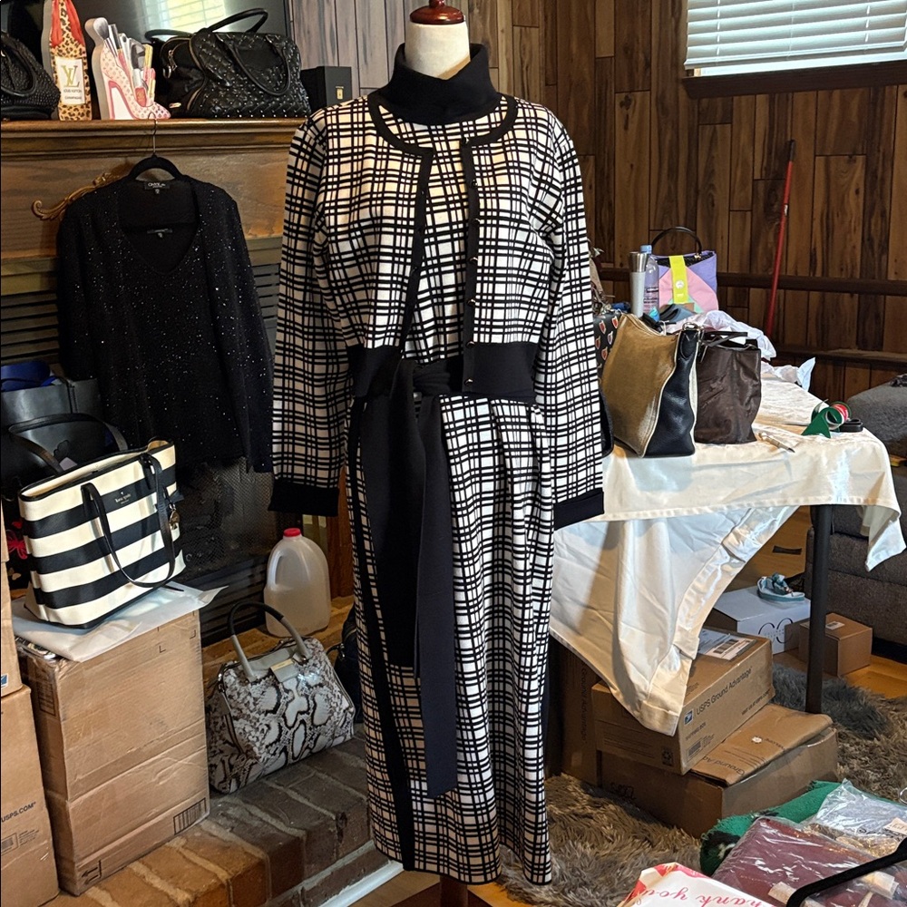 Toccin Elegant Black and White Checkered sweater dress with matching cardigan.
